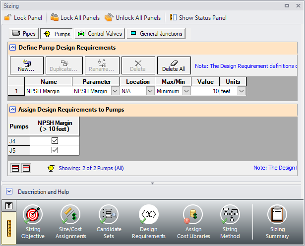 The Design Requirements panel defined for pumps. 